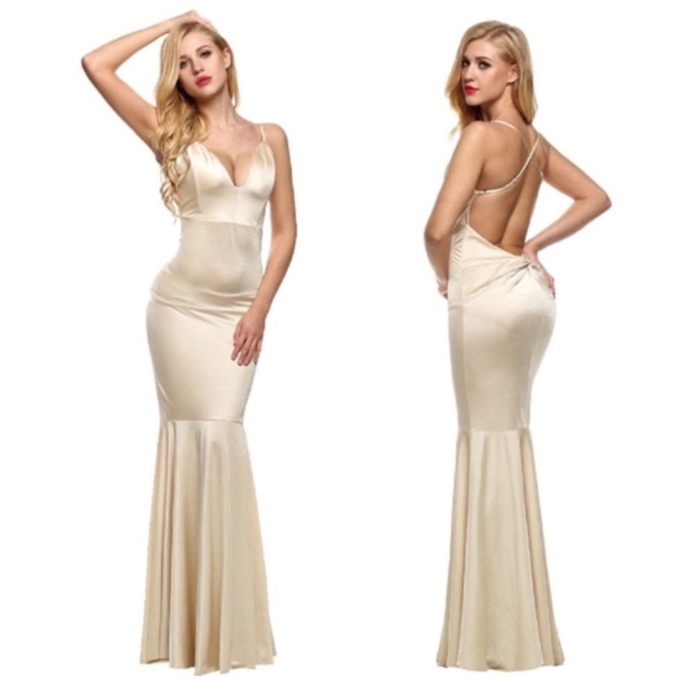 Plunging Backless Mermaid Hem Champagne Gown - Picture 1 of 2